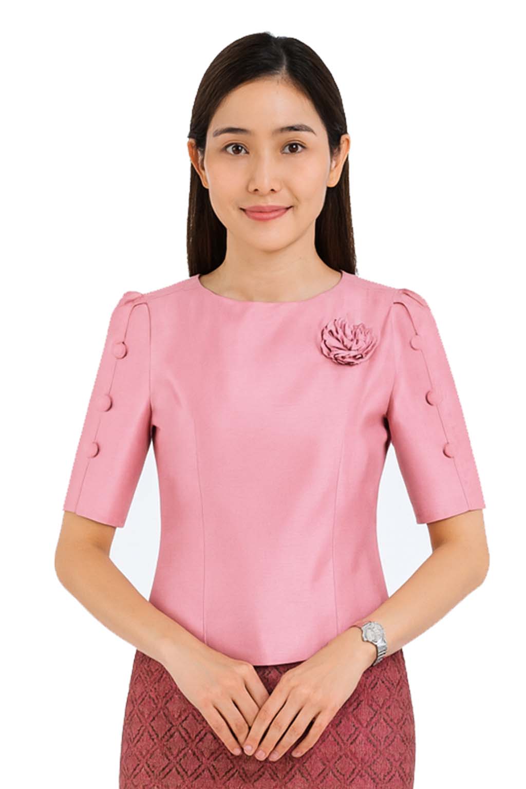Ladies authentic Thai silk blouse for women with elegant half sleeves, round neckline, decorative fabric-covered buttons, floral brooch detail and a tailored fitted silhouette. Paired with a traditional Thai patterned sarong skirt, this classic Thai formal outfit is perfect for weddings, temple visits, cultural ceremonies, festivals, receptions and special occasions. Amazon Etsy eBay Siam Regal
