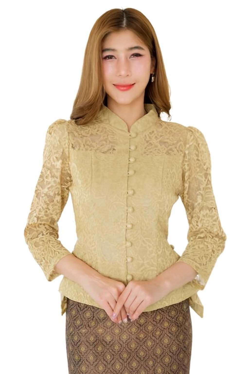 Ladies authentic Thai lace blouse for women featuring elegant floral lace, long sleeves, Mandarin collar, traditional fabric-covered buttons and a tailored fitted silhouette. Paired with a traditional Thai patterned sarong skirt, this classic Thai formal outfit is perfect for weddings, temple visits, cultural ceremonies, festivals, receptions and special occasions. Amazon Etsy eBay Siam Regal