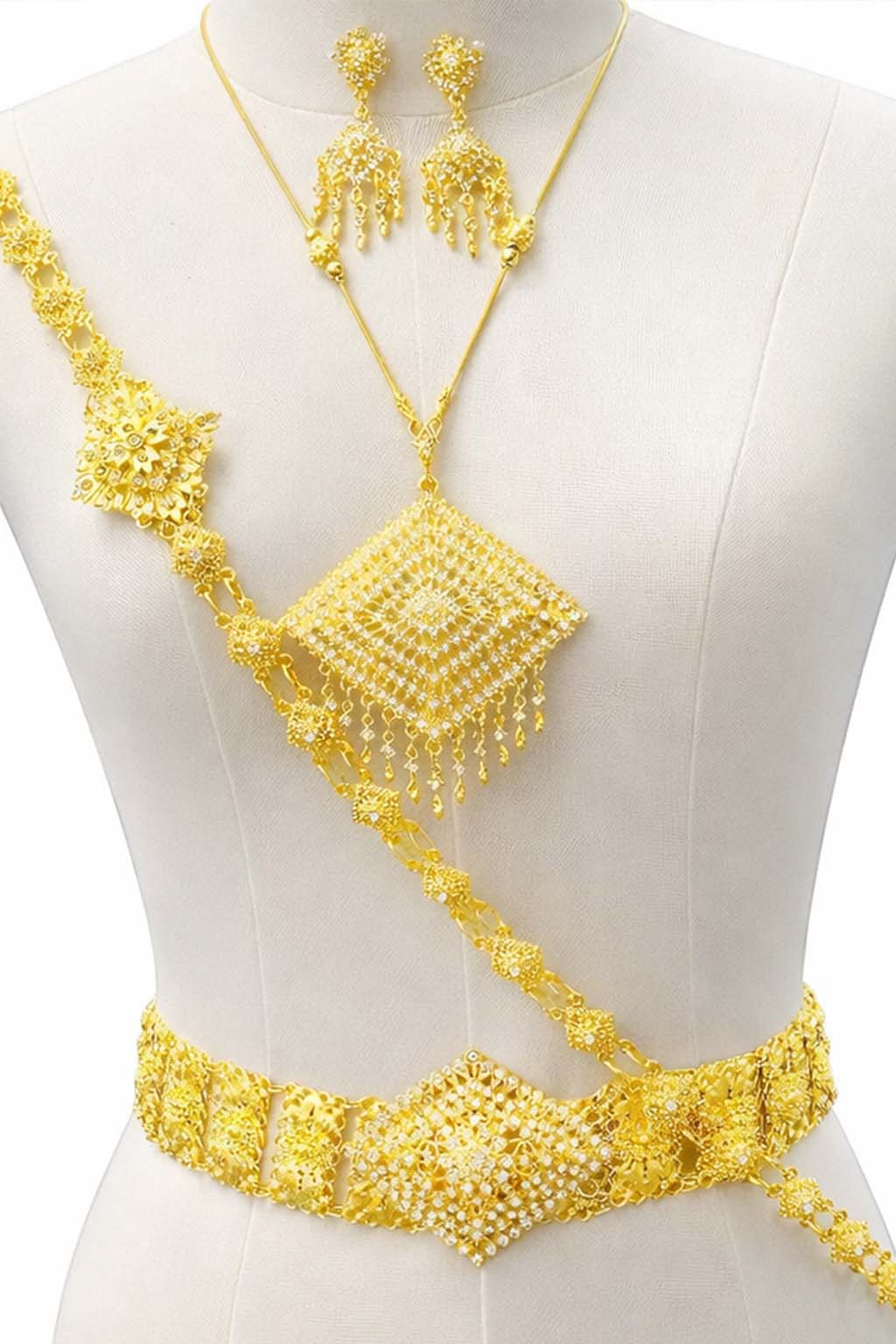 Thai Traditional Bridal Jewelry Set – Gold with Silver Stones