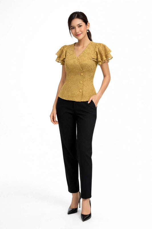 Ladies authentic Thai lace blouse for women with elegant floral lace, flutter ruffle sleeves, V-neck wrap-style neckline, decorative fabric-covered buttons and a tailored fitted silhouette. Women's Traditional Thai formal shirt perfect for weddings, temple visits, cultural ceremonies, festivals, parties and special occasions. Premium women's Thai lace top Amazon Etsy eBay Siam Regal