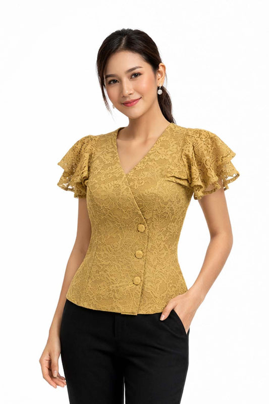 Ladies authentic Thai lace blouse for women with elegant floral lace, flutter ruffle sleeves, V-neck wrap-style neckline, decorative fabric-covered buttons and a tailored fitted silhouette. Women's Traditional Thai formal shirt perfect for weddings, temple visits, cultural ceremonies, festivals, parties and special occasions. Premium women's Thai lace top Amazon Etsy eBay Siam Regal