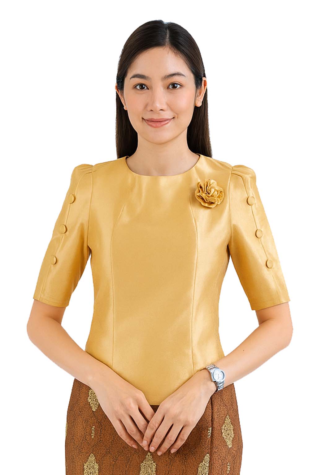 Ladies authentic Thai silk blouse for women with elegant half sleeves, round neckline, decorative fabric-covered buttons, floral brooch detail and a tailored fitted silhouette. Paired with a traditional Thai patterned sarong skirt, this classic Thai formal outfit is perfect for weddings, temple visits, cultural ceremonies, festivals, receptions and special occasions. Amazon Etsy eBay Siam Regal