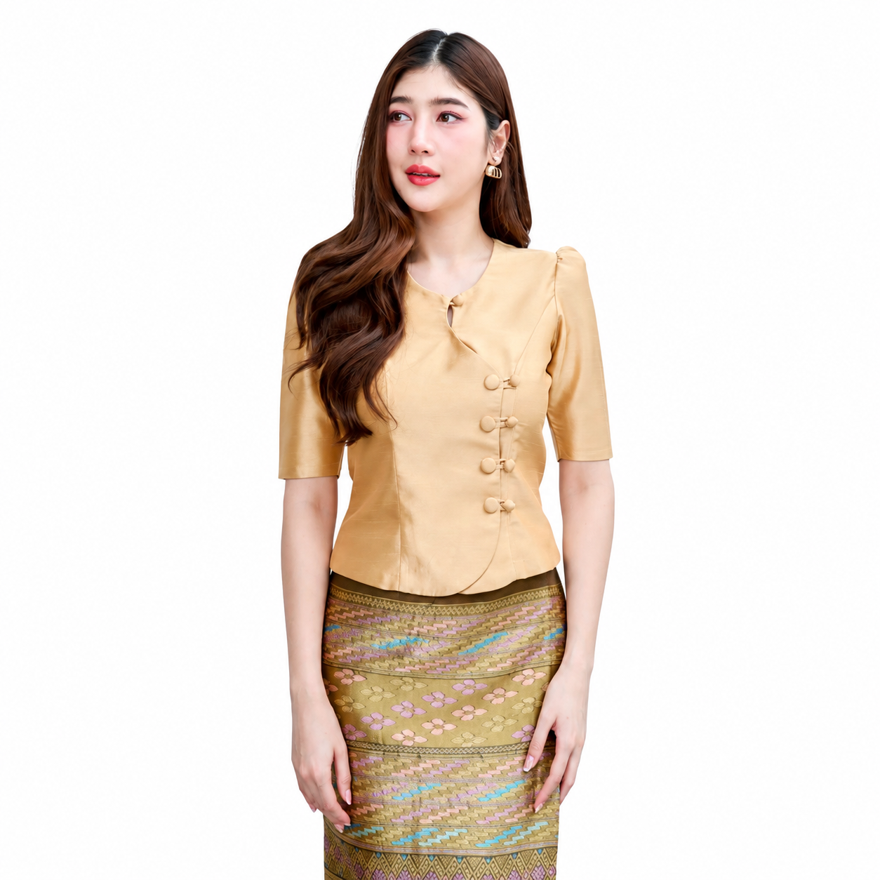 Ladies authentic Thai silk blouse for women with elegant half sleeves, round neckline, traditional fabric-covered buttons, asymmetrical wrap-front design and tailored fitted silhouette. Paired with a matching Thai silk skirt, this classic Thai formal outfit is perfect for weddings, temple visits, cultural ceremonies, business events, receptions and special occasions. Amazon Etsy eBay Siam Regal