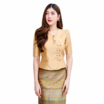 Ladies authentic Thai silk blouse for women with elegant half sleeves, round neckline, traditional fabric-covered buttons, asymmetrical wrap-front design and tailored fitted silhouette. Paired with a matching Thai silk skirt, this classic Thai formal outfit is perfect for weddings, temple visits, cultural ceremonies, business events, receptions and special occasions. Amazon Etsy eBay Siam Regal