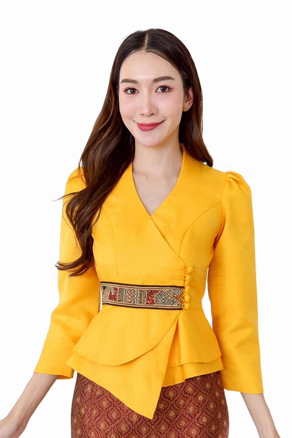 Ladies authentic Thai silk blouse for women with elegant long sleeves, V-neck wrap-style neckline, decorative fabric-covered buttons, traditional Thai woven waist trim and layered peplum hem. Tailored fitted silhouette inspired by classic Thai clothing, perfect for weddings, temple visits, cultural ceremonies, festivals, formal events and special occasions. Amazon Etsy eBay Siam Regal