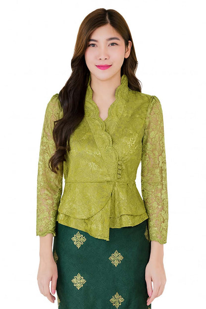 Ladies authentic Thai lace blouse for women featuring elegant floral lace, long sleeves, scalloped high neckline, wrap-style design, decorative fabric-covered buttons, peplum waist and tailored fitted silhouette. Paired with a traditional Thai patterned sarong skirt, this classic Thai outfit is perfect for weddings, temple visits, cultural ceremonies, festivals, formal events and special occasions. Amazon Etsy eBay Siam Regal