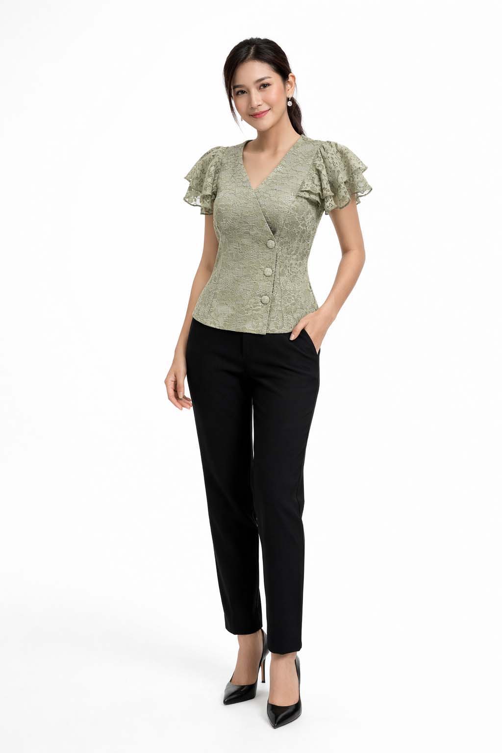 Ladies authentic Thai lace blouse for women with elegant floral lace, flutter ruffle sleeves, V-neck wrap-style neckline, decorative fabric-covered buttons and a tailored fitted silhouette. Women's Traditional Thai formal shirt perfect for weddings, temple visits, cultural ceremonies, festivals, parties and special occasions. Premium women's Thai lace top Amazon Etsy eBay Siam Regal
