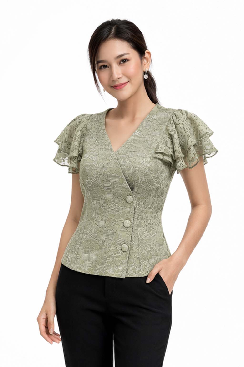 Ladies authentic Thai lace blouse for women with elegant floral lace, flutter ruffle sleeves, V-neck wrap-style neckline, decorative fabric-covered buttons and a tailored fitted silhouette. Women's Traditional Thai formal shirt perfect for weddings, temple visits, cultural ceremonies, festivals, parties and special occasions. Premium women's Thai lace top Amazon Etsy eBay Siam Regal