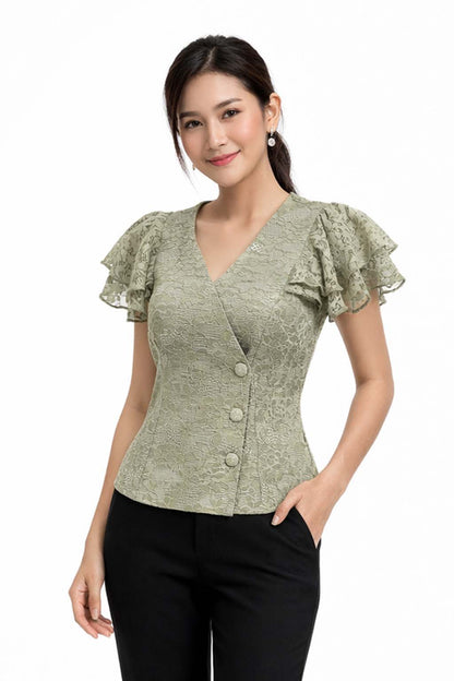 Ladies authentic Thai lace blouse for women with elegant floral lace, flutter ruffle sleeves, V-neck wrap-style neckline, decorative fabric-covered buttons and a tailored fitted silhouette. Women's Traditional Thai formal shirt perfect for weddings, temple visits, cultural ceremonies, festivals, parties and special occasions. Premium women's Thai lace top Amazon Etsy eBay Siam Regal