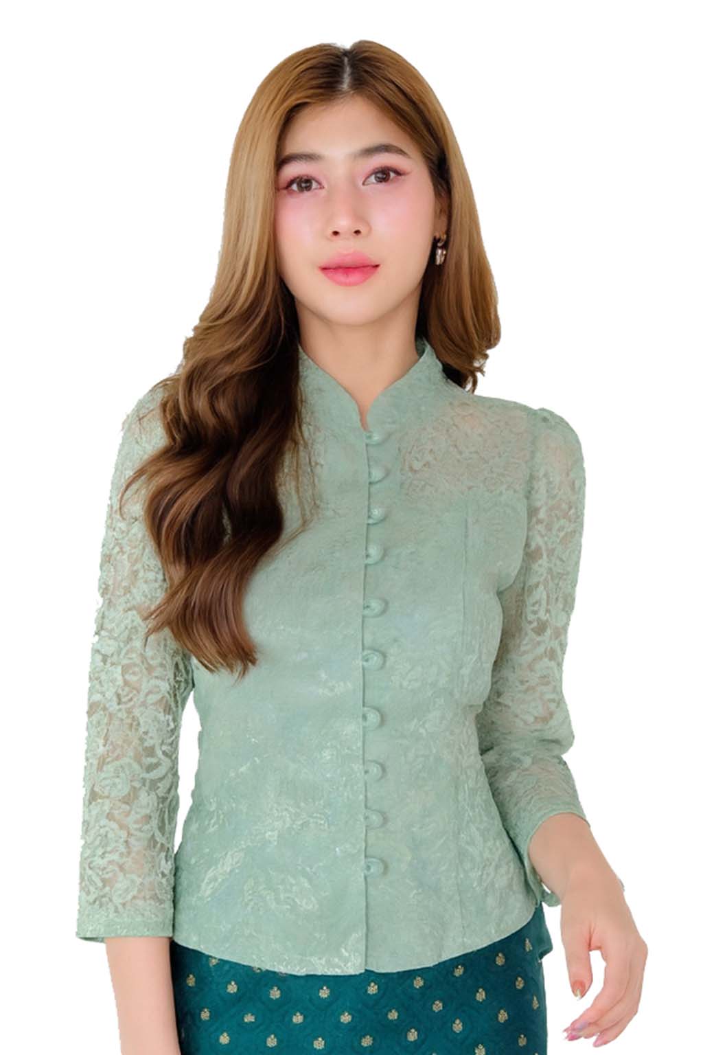 Ladies authentic Thai lace blouse for women featuring elegant floral lace, long sleeves, Mandarin collar, traditional fabric-covered buttons and a tailored fitted silhouette. Paired with a traditional Thai patterned sarong skirt, this classic Thai formal outfit is perfect for weddings, temple visits, cultural ceremonies, festivals, receptions and special occasions. Amazon Etsy eBay Siam Regal