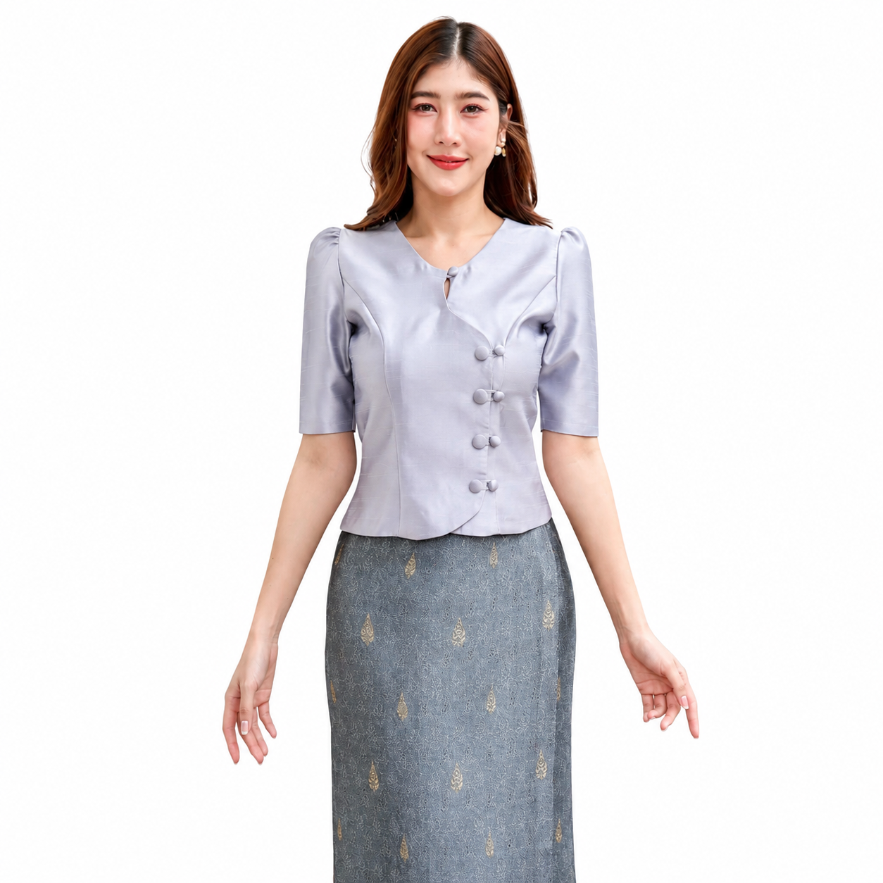 Ladies authentic Thai silk blouse for women with elegant half sleeves, round neckline, traditional fabric-covered buttons, asymmetrical wrap-front design and tailored fitted silhouette. Paired with a matching Thai silk skirt, this classic Thai formal outfit is perfect for weddings, temple visits, cultural ceremonies, business events, receptions and special occasions. Amazon Etsy eBay Siam Regal