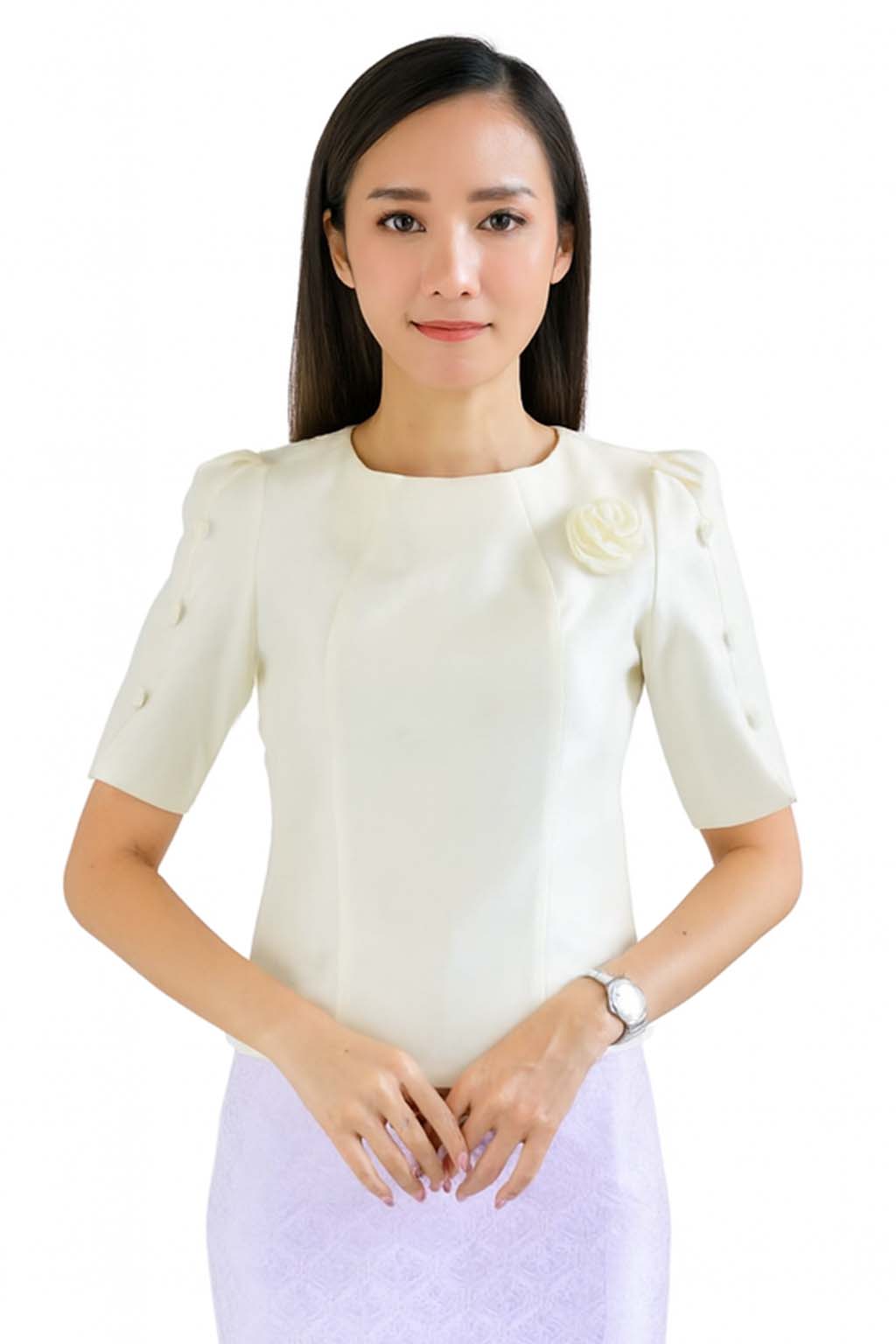 Ladies authentic Thai silk blouse for women with elegant half sleeves, round neckline, decorative fabric-covered buttons, floral brooch detail and a tailored fitted silhouette. Paired with a traditional Thai patterned sarong skirt, this classic Thai formal outfit is perfect for weddings, temple visits, cultural ceremonies, festivals, receptions and special occasions. Amazon Etsy eBay Siam Regal