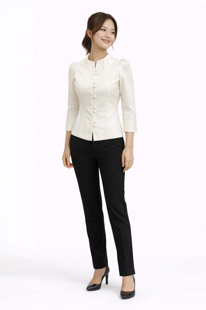 Ladies authentic Thai silk blouse for women with elegant 3/4 sleeves, Mandarin collar, traditional fabric-covered buttons, tailored fitted silhouette and puff shoulders. Women's Classic Thai formal shirt inspired by traditional Thai clothing, ideal for weddings, temple visits, cultural ceremonies, festivals, office wear and special occasions. Premium women's Thai blouse Amazon Etsy eBay Siam Regal