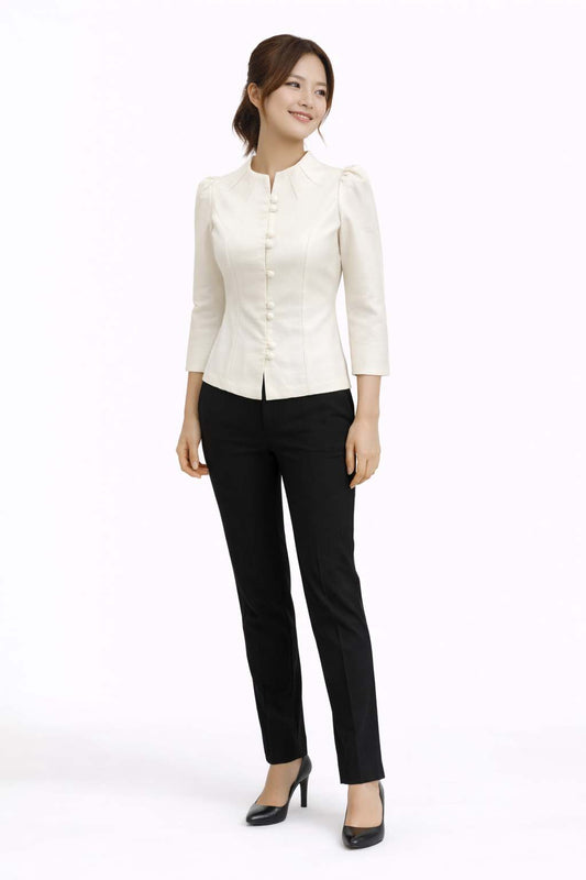 Ladies authentic Thai silk blouse for women with elegant 3/4 sleeves, Mandarin collar, traditional fabric-covered buttons, tailored fitted silhouette and puff shoulders. Women's Classic Thai formal shirt inspired by traditional Thai clothing, ideal for weddings, temple visits, cultural ceremonies, festivals, office wear and special occasions. Premium women's Thai blouse Amazon Etsy eBay Siam Regal