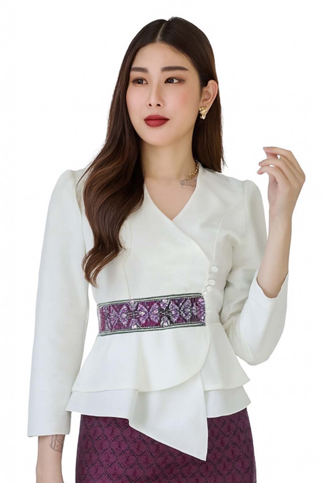 Ladies authentic Thai silk blouse for women with elegant long sleeves, V-neck wrap-style neckline, decorative fabric-covered buttons, traditional Thai woven waist trim and layered peplum hem. Tailored fitted silhouette inspired by classic Thai clothing, perfect for weddings, temple visits, cultural ceremonies, festivals, formal events and special occasions. Amazon Etsy eBay Siam Regal