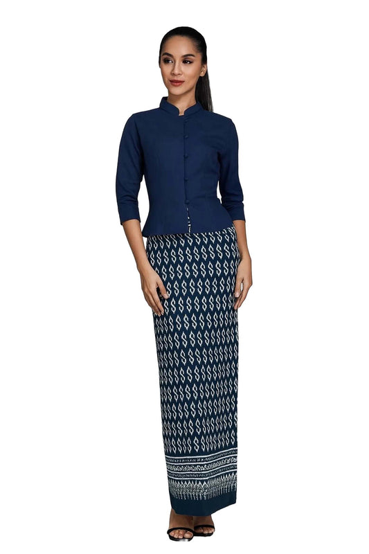 Elegant Blue Blouse & Traditional Thai Sarong Cotton Set – Women’s Formal Outfit, Asian Ethnic Wear, Handmade Ikat Skirt, Cultural Clothing