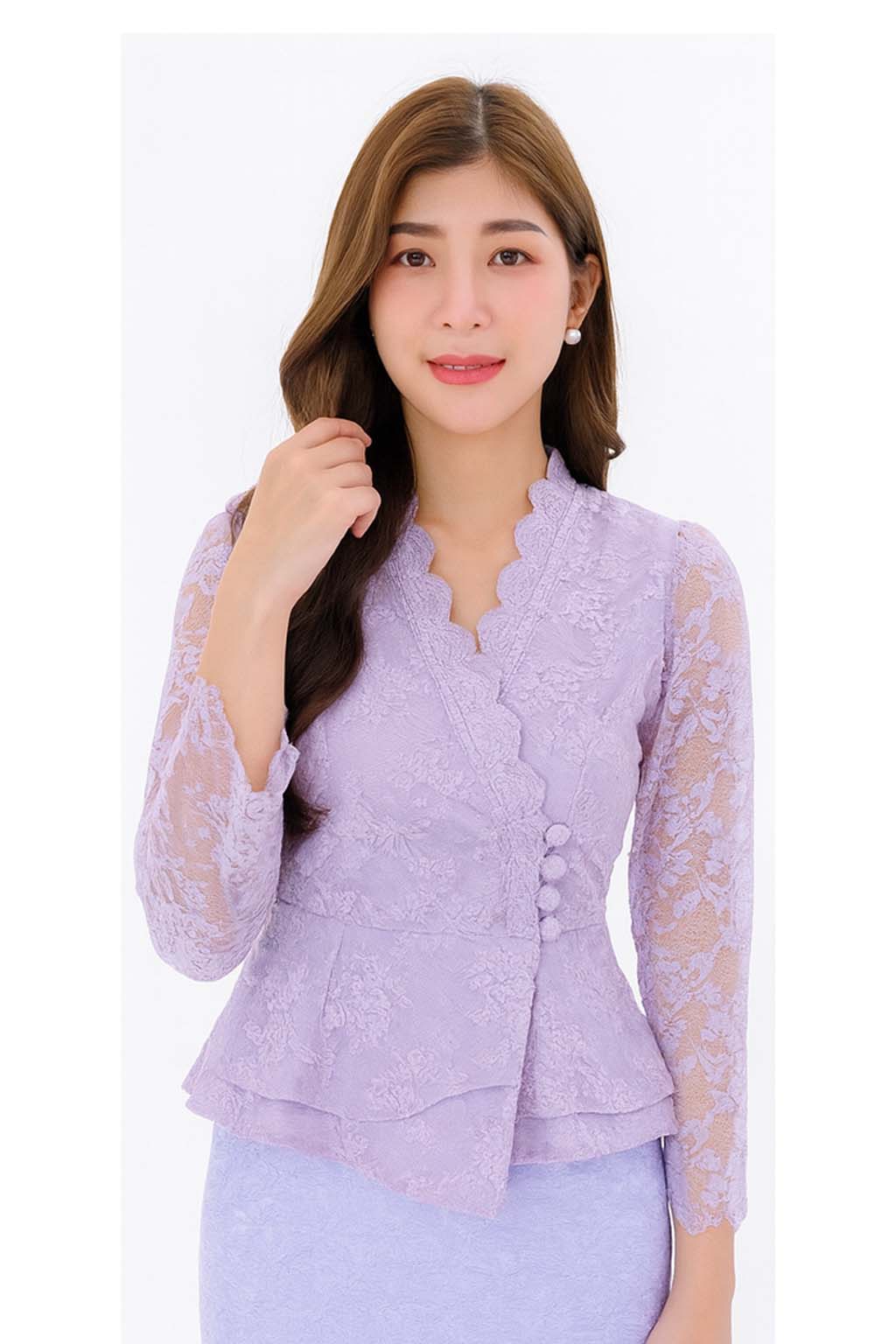 Siam Regal's Ladies Thai Silk Lace Blouse White Pear Button Asymmetrical Button Up