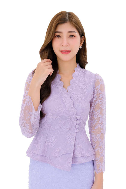 Ladies authentic Thai lace blouse for women featuring elegant floral lace, long sleeves, scalloped high neckline, wrap-style design, decorative fabric-covered buttons, peplum waist and tailored fitted silhouette. Paired with a traditional Thai patterned sarong skirt, this classic Thai outfit is perfect for weddings, temple visits, cultural ceremonies, festivals, formal events and special occasions. Amazon Etsy eBay Siam Regal