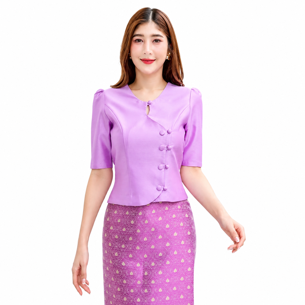 Ladies authentic Thai silk blouse for women with elegant half sleeves, round neckline, traditional fabric-covered buttons, asymmetrical wrap-front design and tailored fitted silhouette. Paired with a matching Thai silk skirt, this classic Thai formal outfit is perfect for weddings, temple visits, cultural ceremonies, business events, receptions and special occasions. Amazon Etsy eBay Siam Regal