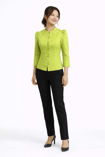 Ladies authentic Thai silk blouse for women with elegant 3/4 sleeves, Mandarin collar, traditional fabric-covered buttons, tailored fitted silhouette and puff shoulders. Women's Classic Thai formal shirt inspired by traditional Thai clothing, ideal for weddings, temple visits, cultural ceremonies, festivals, office wear and special occasions. Premium women's Thai blouse Amazon Etsy eBay Siam Regal