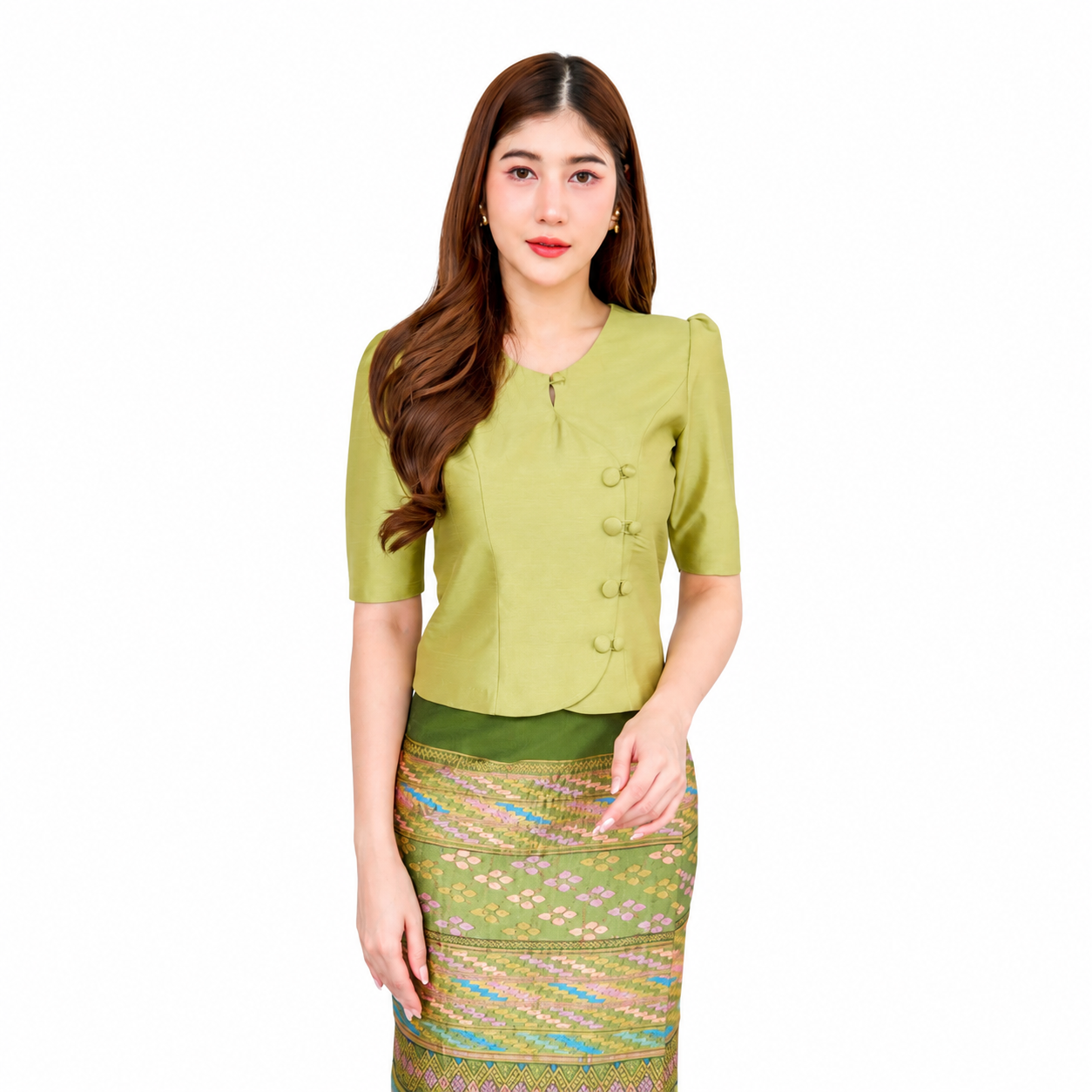 Ladies authentic Thai silk blouse for women with elegant half sleeves, round neckline, traditional fabric-covered buttons, asymmetrical wrap-front design and tailored fitted silhouette. Paired with a matching Thai silk skirt, this classic Thai formal outfit is perfect for weddings, temple visits, cultural ceremonies, business events, receptions and special occasions. Amazon Etsy eBay Siam Regal