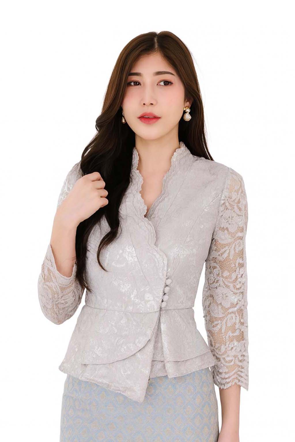 Siam Regal's Ladies Thai Silk Lace Blouse White Pear Button Asymmetrical Button Up