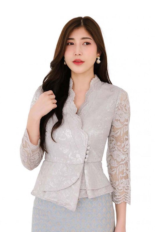 Siam Regal's Ladies Thai Silk Lace Blouse White Pear Button Asymmetrical Button Up