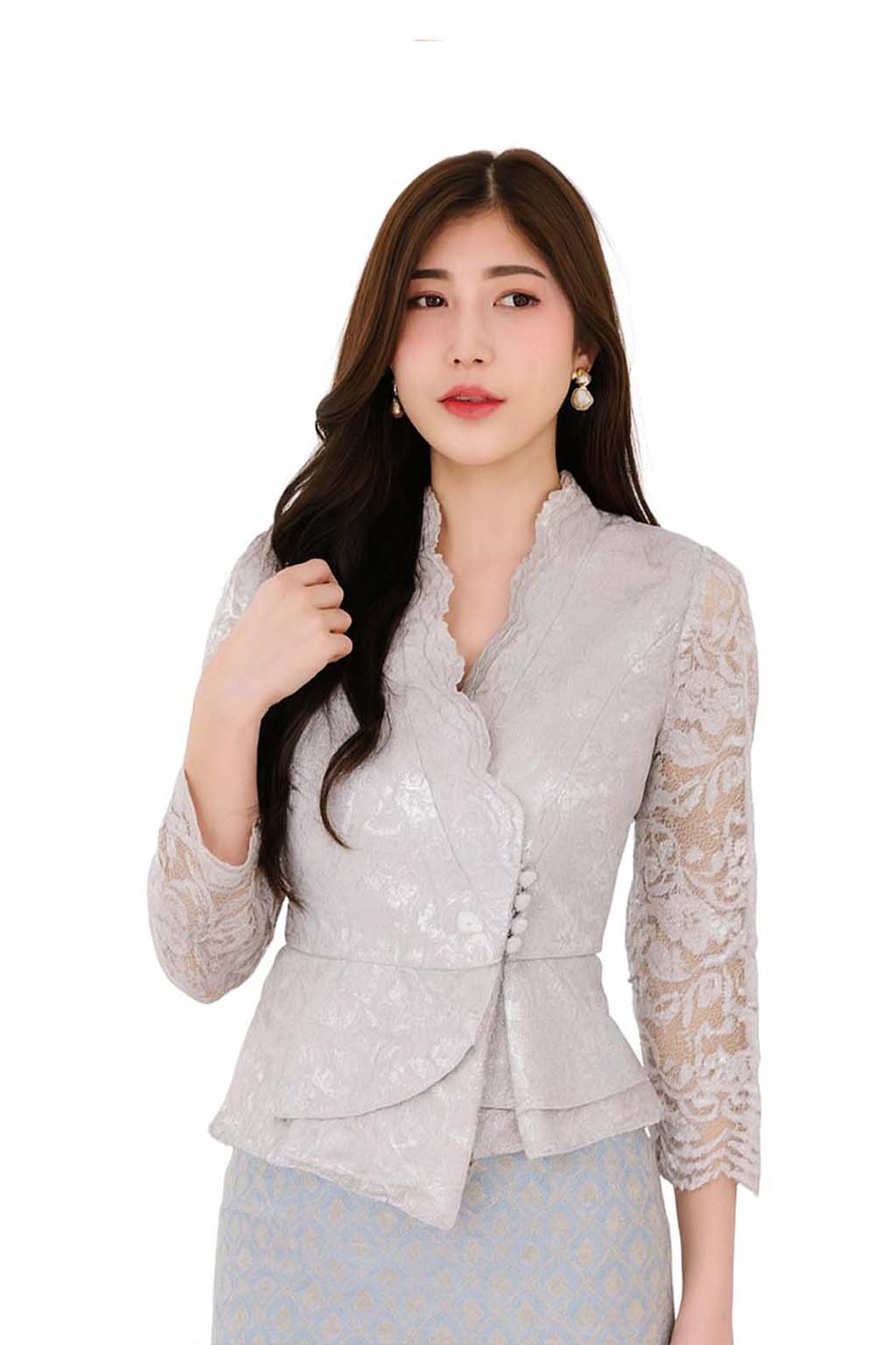 Siam Regal's Ladies Thai Silk Lace Blouse White Pear Button Asymmetrical Button Up