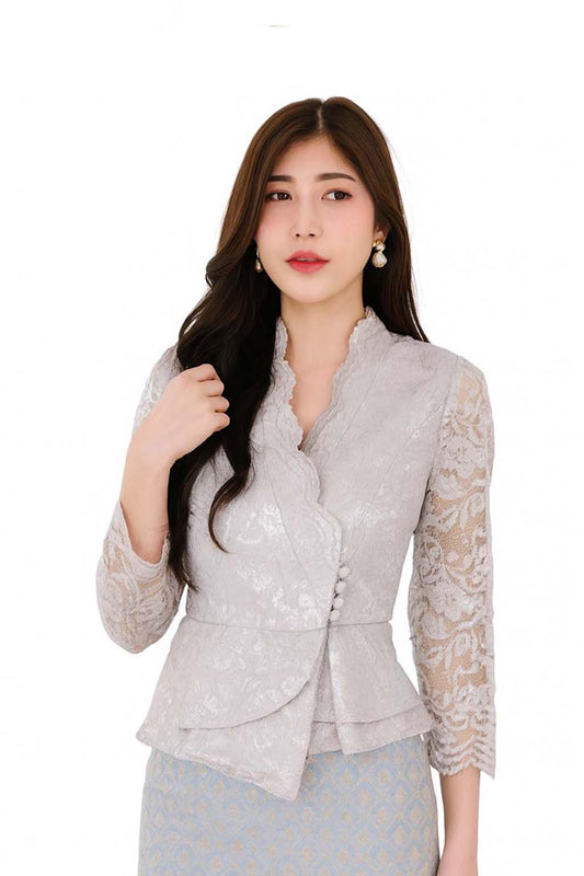 Siam Regal's Ladies Thai Silk Lace Blouse White Pear Button Asymmetrical Button Up