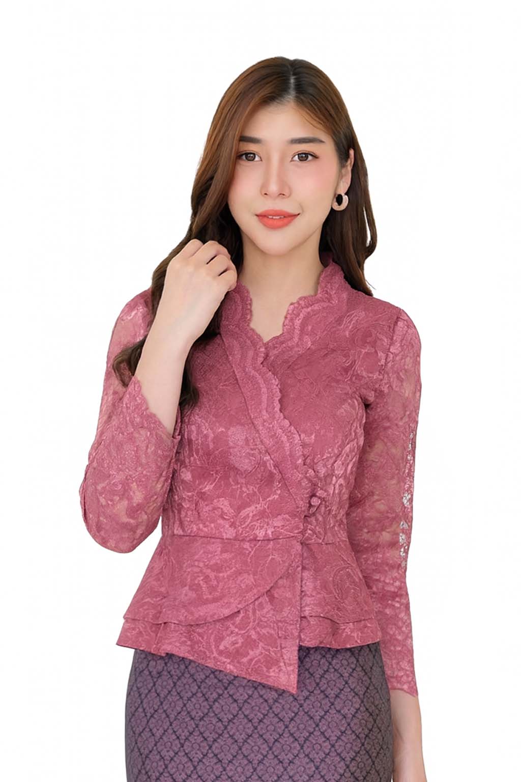 Siam Regal's Ladies Thai Silk Lace Blouse White Pear Button Asymmetrical Button Up