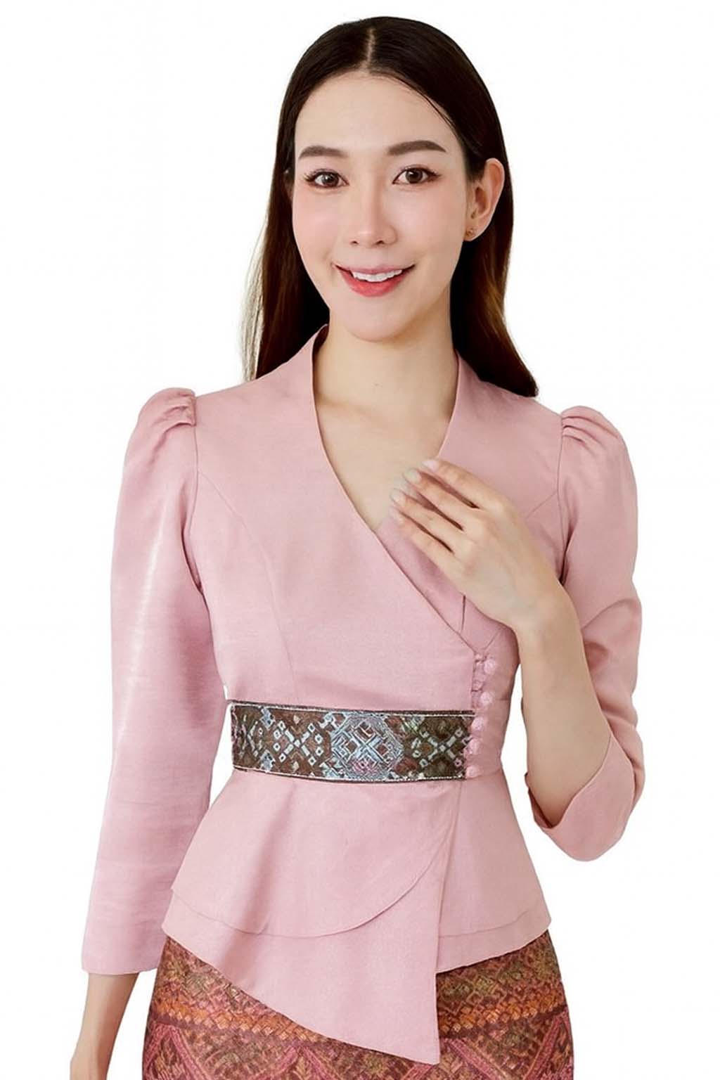 Ladies authentic Thai silk blouse for women with elegant long sleeves, V-neck wrap-style neckline, decorative fabric-covered buttons, traditional Thai woven waist trim and layered peplum hem. Tailored fitted silhouette inspired by classic Thai clothing, perfect for weddings, temple visits, cultural ceremonies, festivals, formal events and special occasions. Amazon Etsy eBay Siam Regal