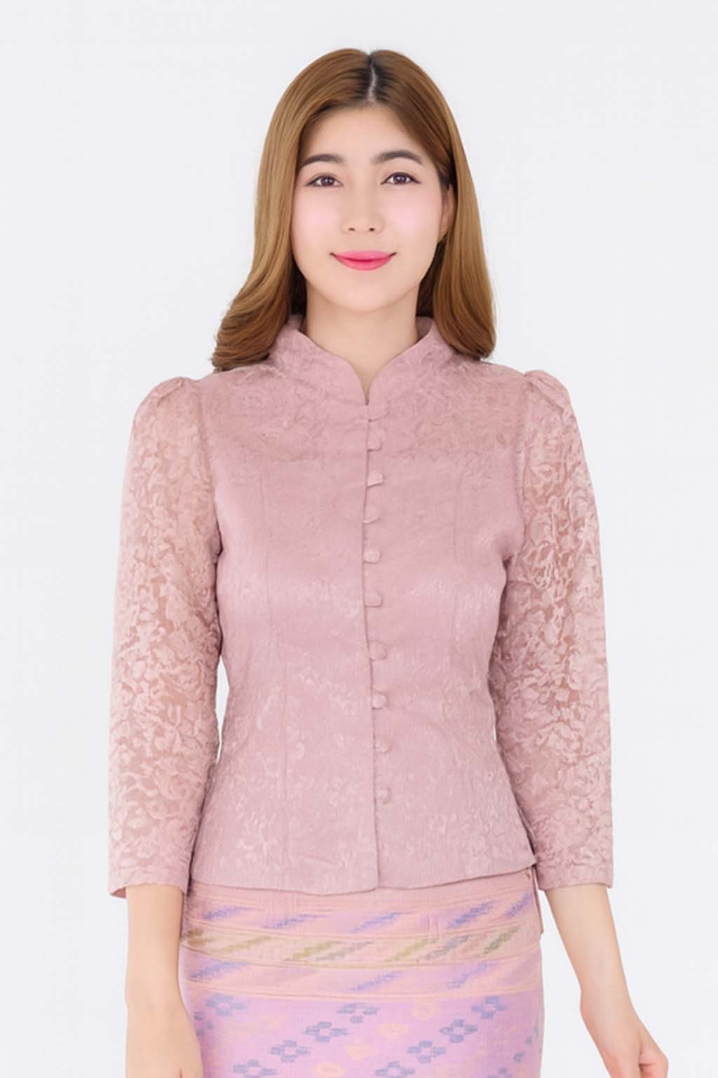 Ladies authentic Thai lace blouse for women featuring elegant floral lace, long sleeves, Mandarin collar, traditional fabric-covered buttons and a tailored fitted silhouette. Paired with a traditional Thai patterned sarong skirt, this classic Thai formal outfit is perfect for weddings, temple visits, cultural ceremonies, festivals, receptions and special occasions. Amazon Etsy eBay Siam Regal