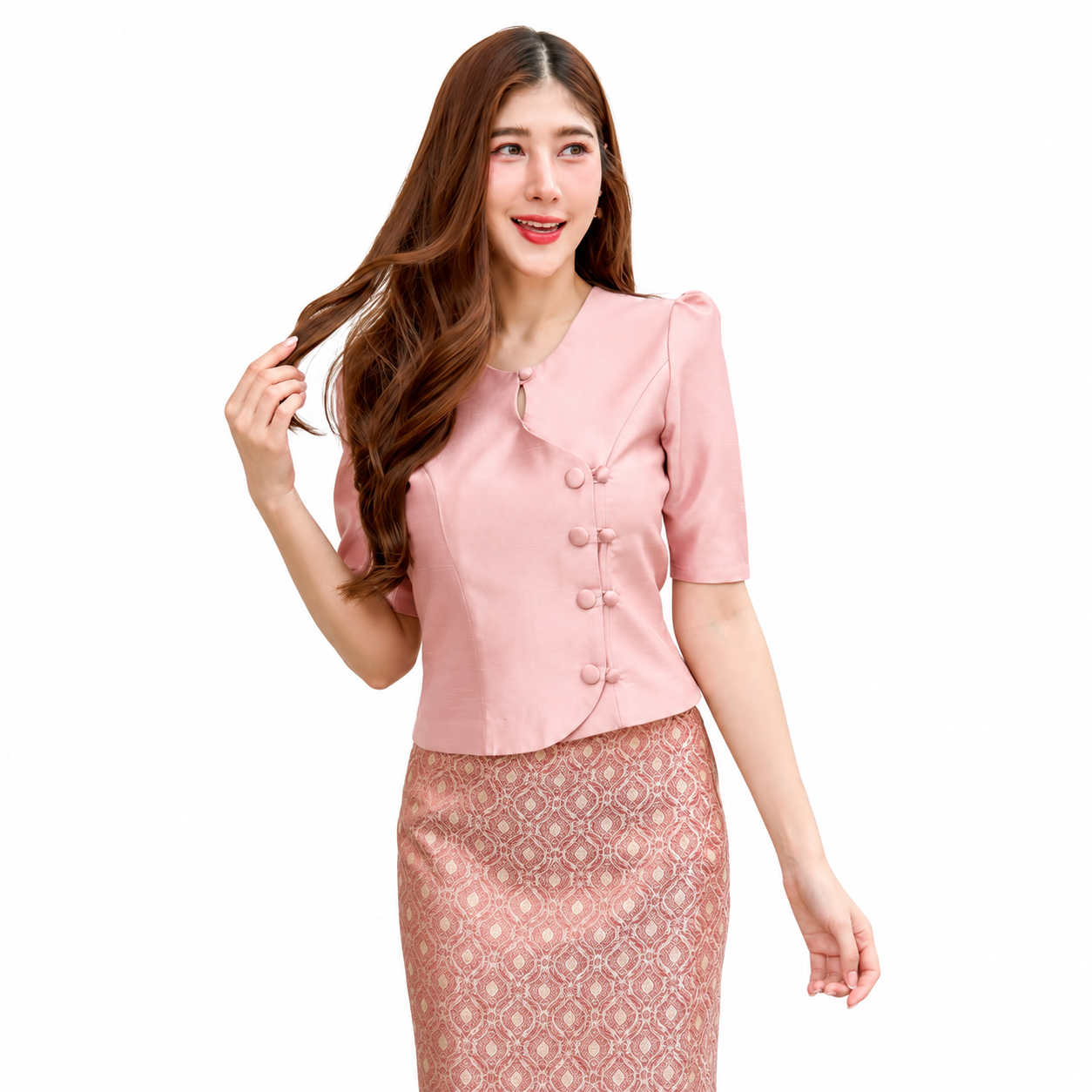 Ladies authentic Thai silk blouse for women with elegant half sleeves, round neckline, traditional fabric-covered buttons, asymmetrical wrap-front design and tailored fitted silhouette. Paired with a matching Thai silk skirt, this classic Thai formal outfit is perfect for weddings, temple visits, cultural ceremonies, business events, receptions and special occasions. Amazon Etsy eBay Siam Regal