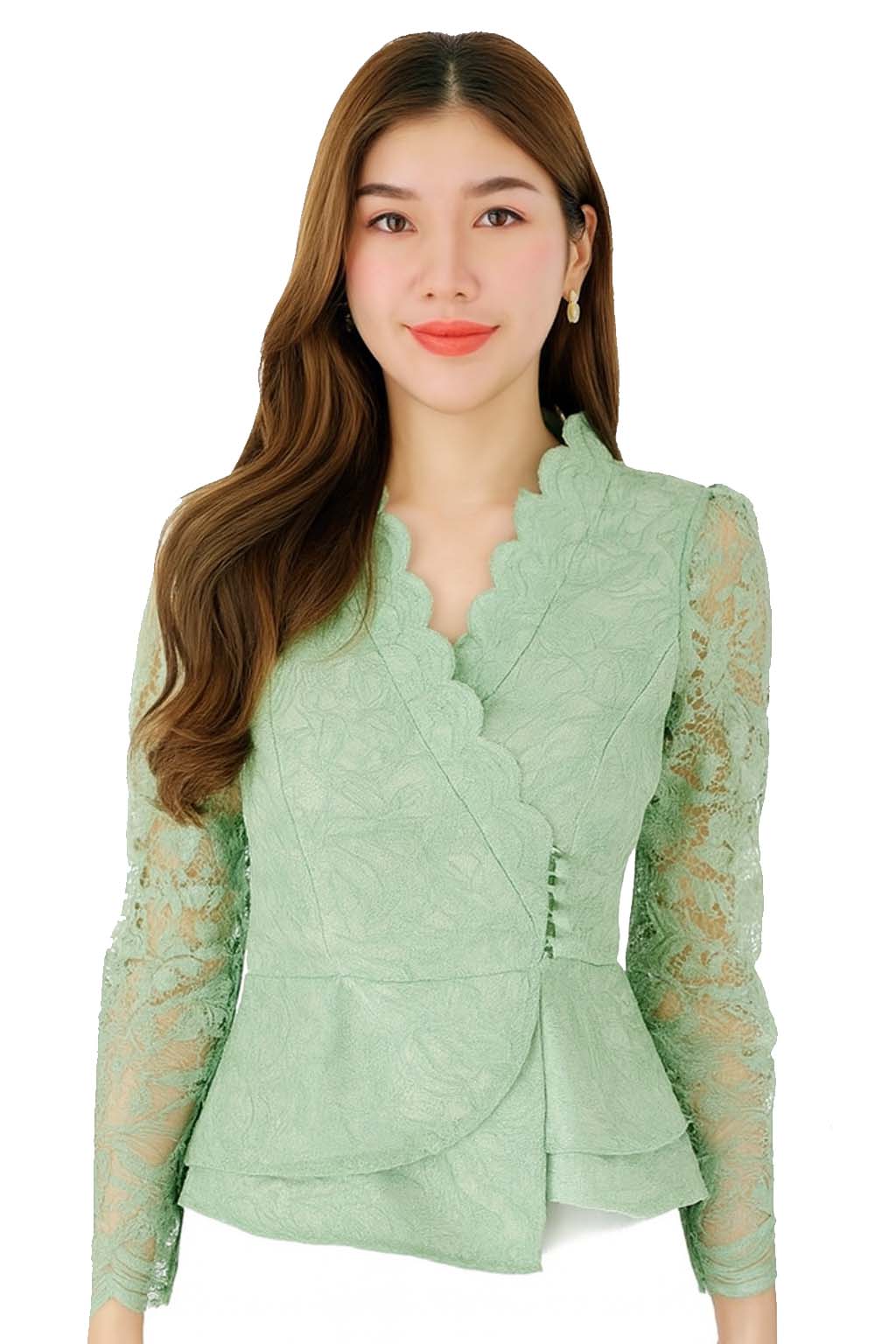 Siam Regal's Ladies Thai Silk Lace Blouse White Pear Button Asymmetrical Button Up