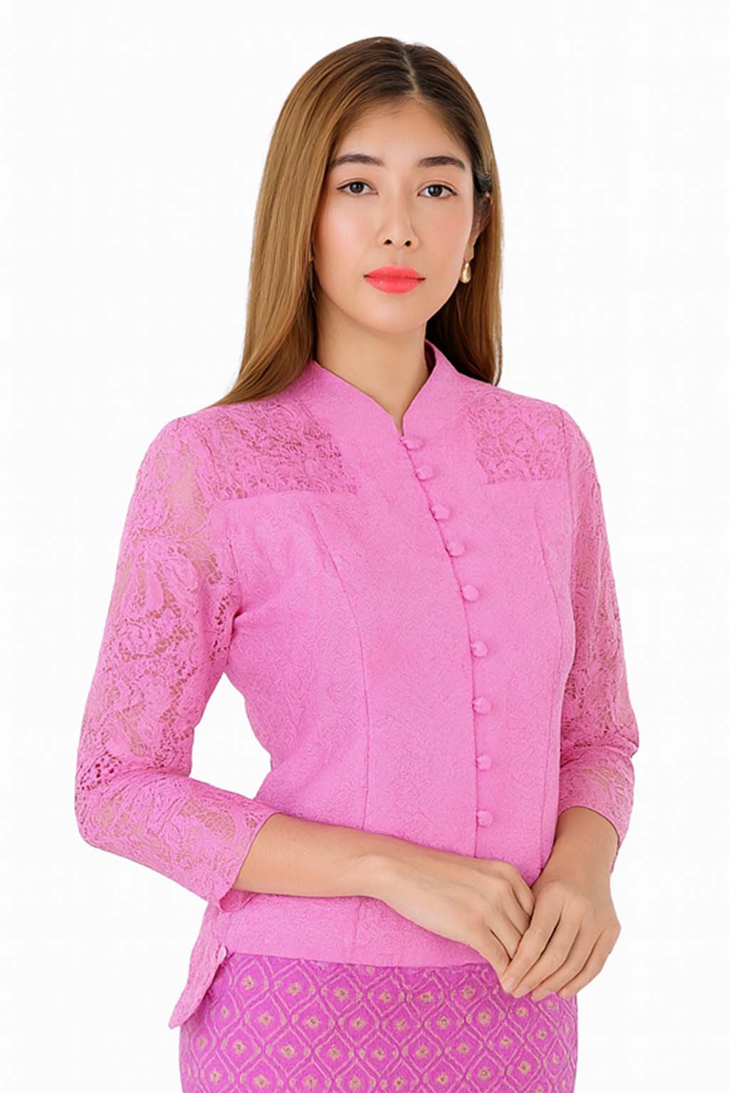Ladies authentic Thai lace blouse for women featuring elegant floral lace, long sleeves, Mandarin collar, traditional fabric-covered buttons and a tailored fitted silhouette. Paired with a traditional Thai patterned sarong skirt, this classic Thai formal outfit is perfect for weddings, temple visits, cultural ceremonies, festivals, receptions and special occasions. Amazon Etsy eBay Siam Regal