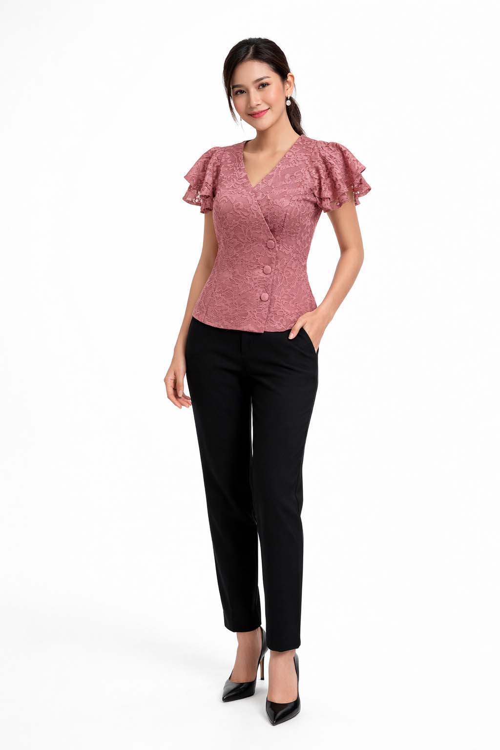 Ladies authentic Thai lace blouse for women with elegant floral lace, flutter ruffle sleeves, V-neck wrap-style neckline, decorative fabric-covered buttons and a tailored fitted silhouette. Women's Traditional Thai formal shirt perfect for weddings, temple visits, cultural ceremonies, festivals, parties and special occasions. Premium women's Thai lace top Amazon Etsy eBay Siam Regal