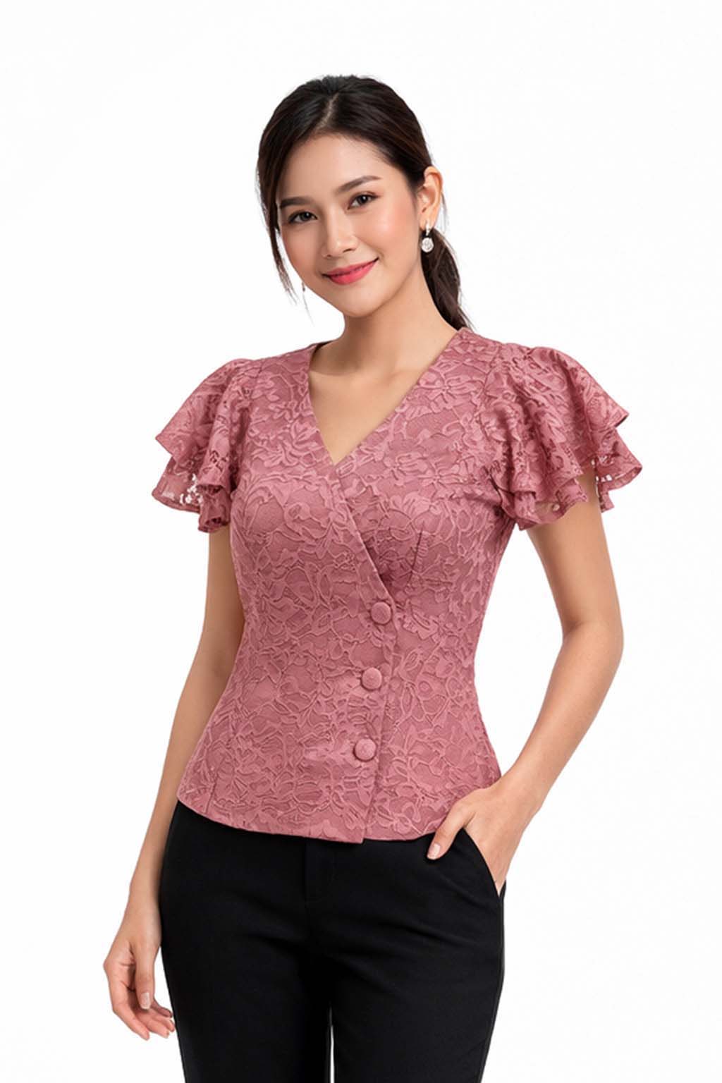 Ladies authentic Thai lace blouse for women with elegant floral lace, flutter ruffle sleeves, V-neck wrap-style neckline, decorative fabric-covered buttons and a tailored fitted silhouette. Women's Traditional Thai formal shirt perfect for weddings, temple visits, cultural ceremonies, festivals, parties and special occasions. Premium women's Thai lace top Amazon Etsy eBay Siam Regal