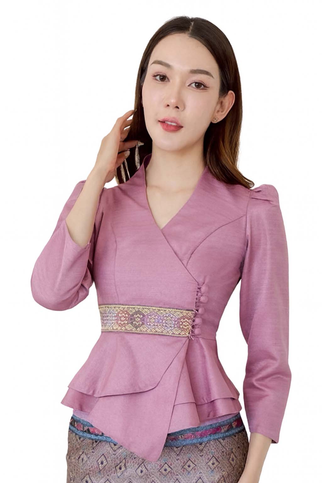Ladies authentic Thai silk blouse for women with elegant long sleeves, V-neck wrap-style neckline, decorative fabric-covered buttons, traditional Thai woven waist trim and layered peplum hem. Tailored fitted silhouette inspired by classic Thai clothing, perfect for weddings, temple visits, cultural ceremonies, festivals, formal events and special occasions. Amazon Etsy eBay Siam Regal