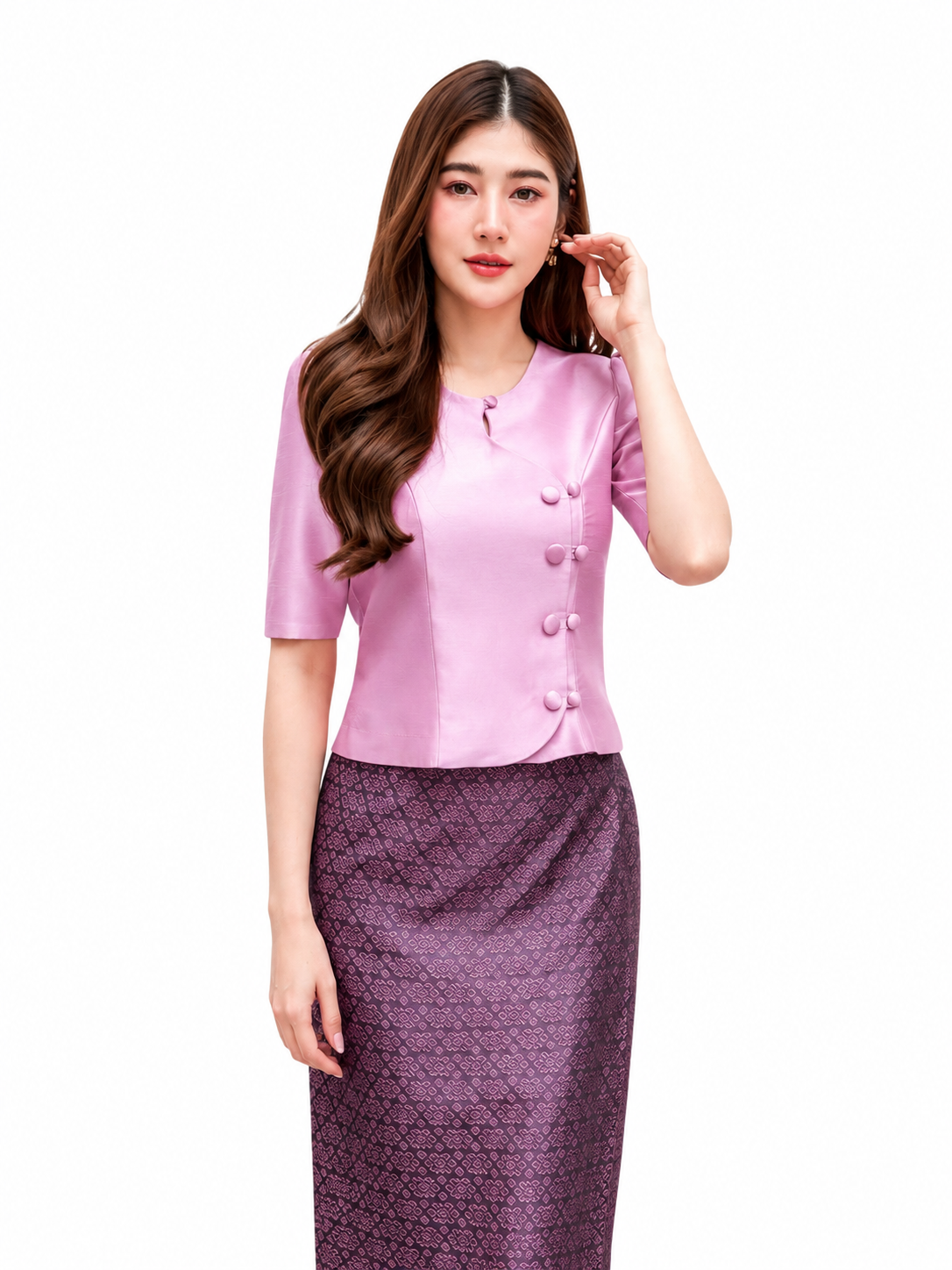 Ladies authentic Thai silk blouse for women with elegant half sleeves, round neckline, traditional fabric-covered buttons, asymmetrical wrap-front design and tailored fitted silhouette. Paired with a matching Thai silk skirt, this classic Thai formal outfit is perfect for weddings, temple visits, cultural ceremonies, business events, receptions and special occasions. Amazon Etsy eBay Siam Regal