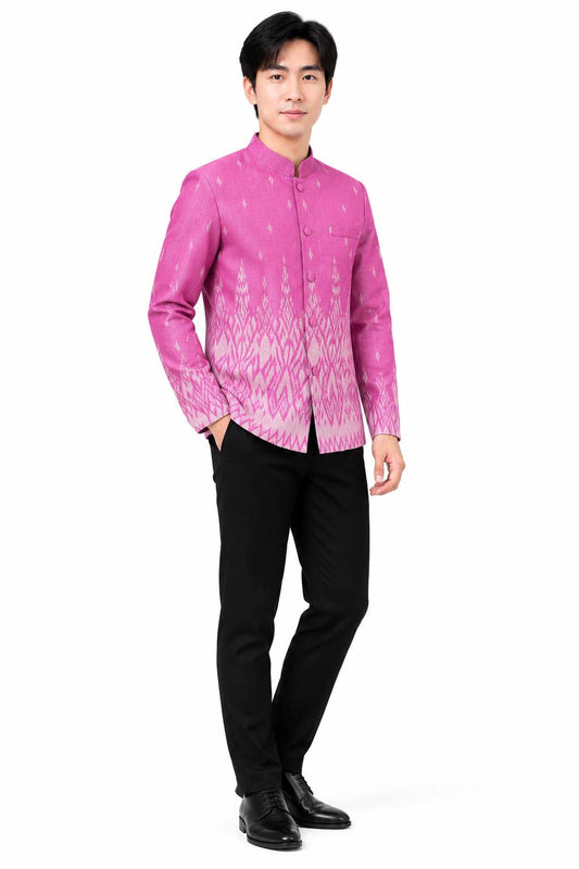 Men's Traditional Thai Jacket Pink Cotton Silk Blend Mandarin Collar Formal Wedding Shirt Thailand Cultural Ceremony Clothing