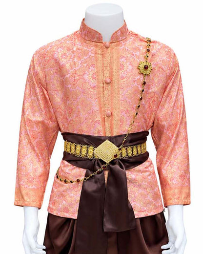 Men’s Traditional Thai Outfit – Pink & Brown 3 Piece Silk Wedding Set | Siam Regal 🇹🇭