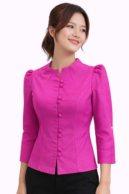 Ladies authentic Thai silk blouse for women with elegant 3/4 sleeves, Mandarin collar, traditional fabric-covered buttons, tailored fitted silhouette and puff shoulders. Women's Classic Thai formal shirt inspired by traditional Thai clothing, ideal for weddings, temple visits, cultural ceremonies, festivals, office wear and special occasions. Premium women's Thai blouse Amazon Etsy eBay Siam Regal
