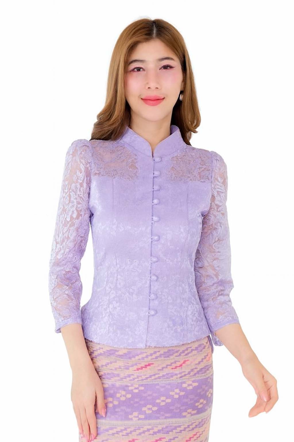 Ladies authentic Thai lace blouse for women featuring elegant floral lace, long sleeves, Mandarin collar, traditional fabric-covered buttons and a tailored fitted silhouette. Paired with a traditional Thai patterned sarong skirt, this classic Thai formal outfit is perfect for weddings, temple visits, cultural ceremonies, festivals, receptions and special occasions. Amazon Etsy eBay Siam Regal