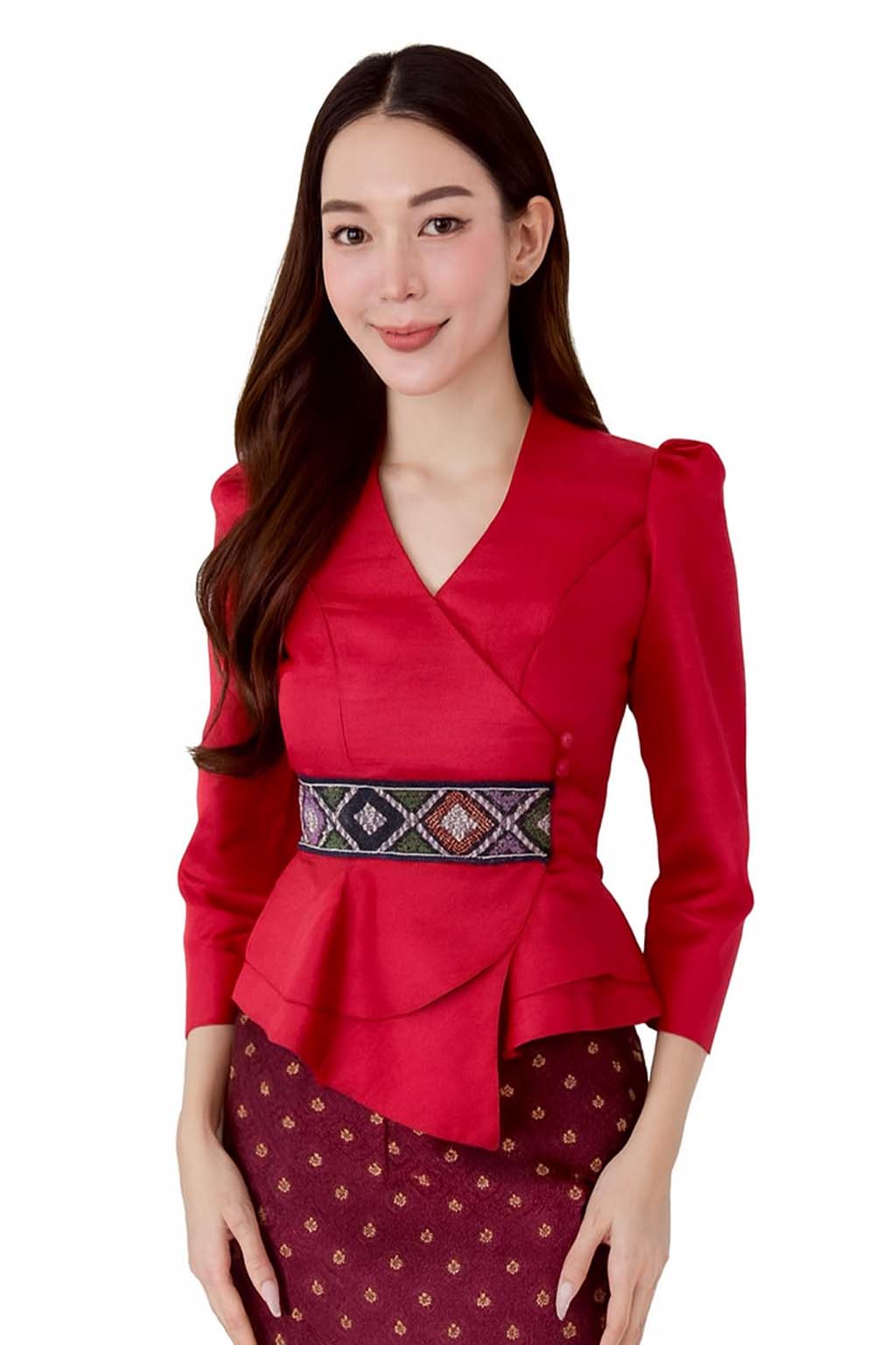 Ladies authentic Thai silk blouse for women with elegant long sleeves, V-neck wrap-style neckline, decorative fabric-covered buttons, traditional Thai woven waist trim and layered peplum hem. Tailored fitted silhouette inspired by classic Thai clothing, perfect for weddings, temple visits, cultural ceremonies, festivals, formal events and special occasions. Amazon Etsy eBay Siam Regal