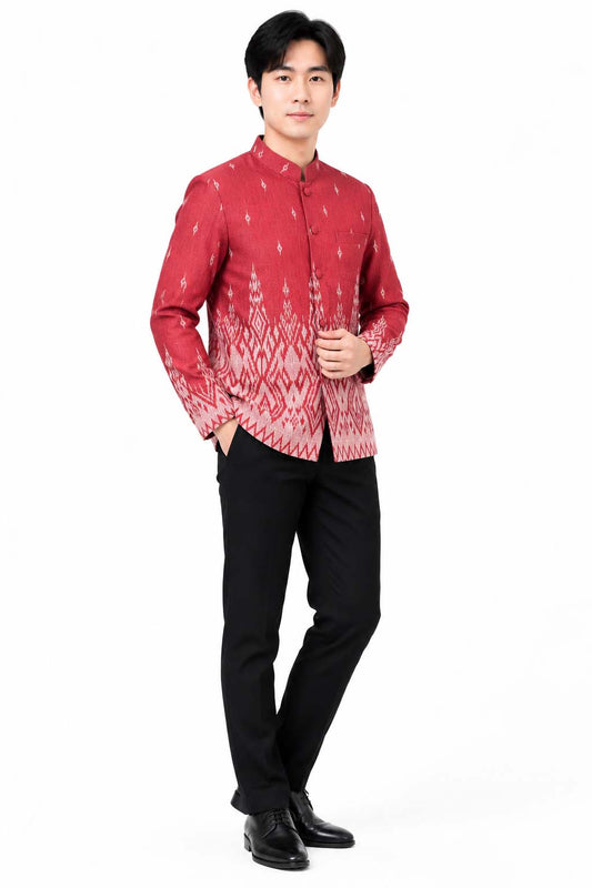 Men's Traditional Thai Jacket Red Cotton Silk Blend Mandarin Collar Formal Wedding Shirt Thailand Cultural Ceremony Clothing
