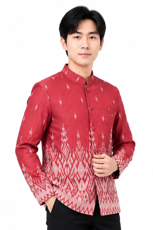 Men's Traditional Thai Jacket Red Cotton Silk Blend Mandarin Collar Formal Wedding Shirt Thailand Cultural Ceremony Clothing