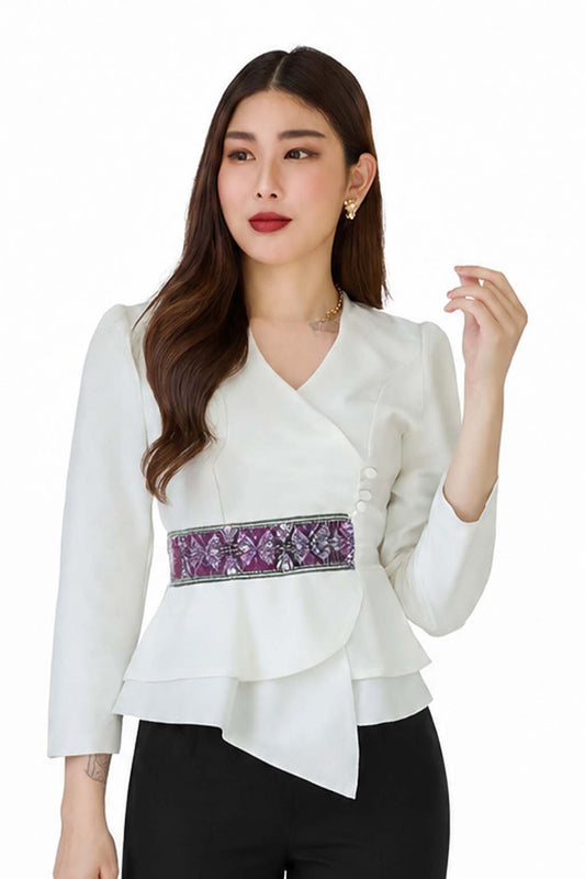 Ladies authentic Thai silk blouse for women with elegant long sleeves, V-neck wrap-style neckline, decorative fabric-covered buttons, traditional Thai woven waist trim and layered peplum hem. Tailored fitted silhouette inspired by classic Thai clothing, perfect for weddings, temple visits, cultural ceremonies, festivals, formal events and special occasions. Amazon Etsy eBay Siam Regal