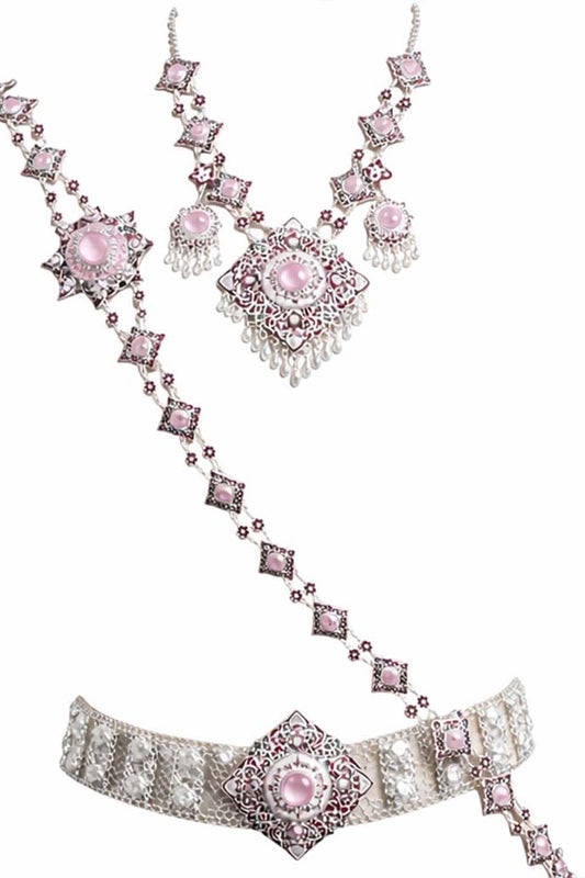 Authentic Thai wedding jewelry set in silver featuring an ornate statement necklace, matching earrings, engraved waist belt and traditional shoulder chain with pink gemstone accents. Inspired by classic Thai royal bridal jewelry, this luxury Thai accessory set is perfect for Thai weddings, cultural ceremonies, traditional dance, festivals, pageants and formal occasions. Amazon Etsy eBay Siam Regal