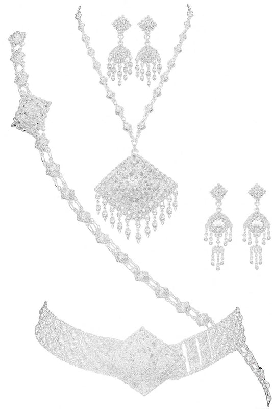 Authentic Thai wedding jewelry set in silver featuring an ornate statement necklace, matching earrings, engraved waist belt and traditional shoulder chain with clear gemstone accents. Inspired by classic Thai royal bridal jewelry, this luxury Thai accessory set is perfect for Thai weddings, cultural ceremonies, traditional dance, festivals, pageants and formal occasions. Amazon Etsy eBay Siam Regal