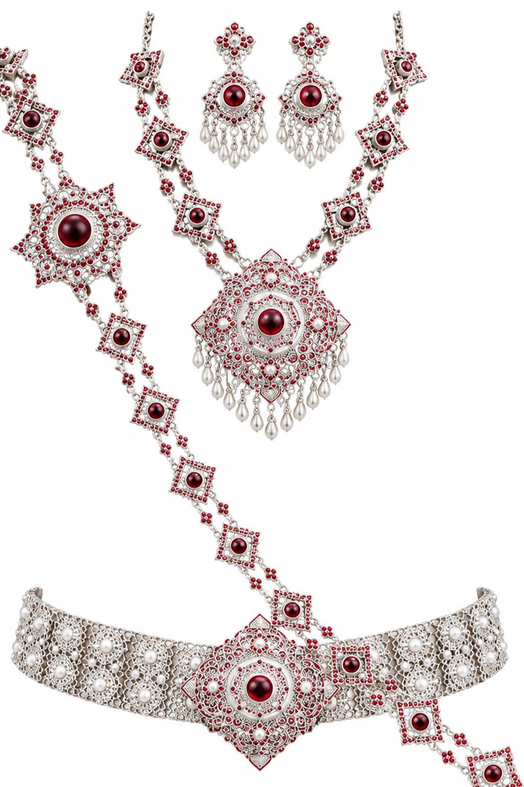 Thai Traditional Bridal Jewelry Set – Silver with Red Stones 🇹🇭